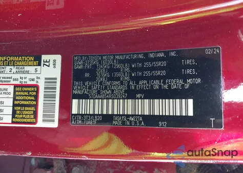 2024 Toyota Grand Highlander Platinum z USA, uszkodzony, nr VIN 5TDAAAB54RS039247